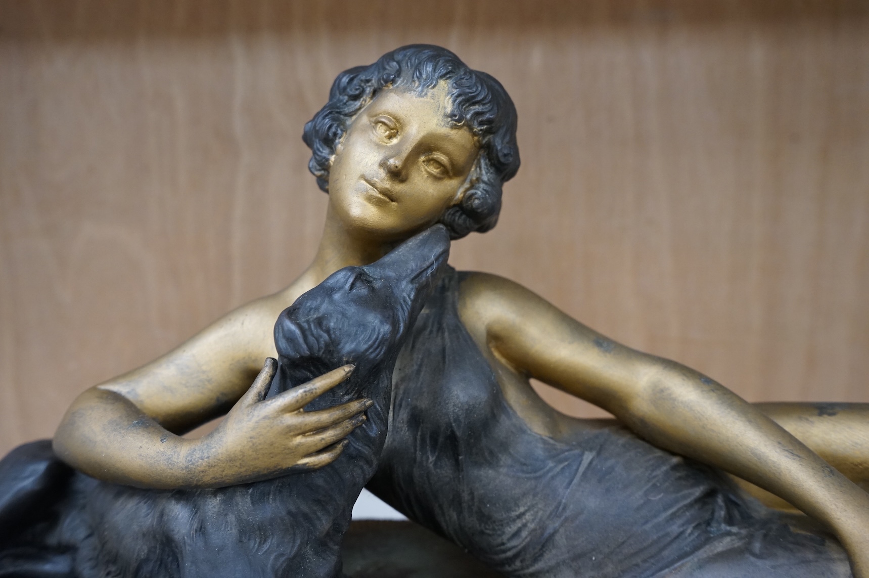 An Art Deco painted spelter group ‘Friends’ by L.Bruns, 54cm wide, 22cm high